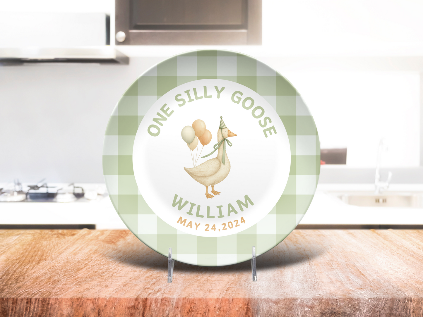 Personalized One Silly Goose Smash Cake Plate - Coquette Gingham Birthday Custom Party Plate