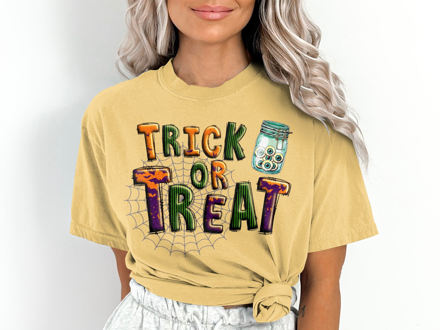 Women's Trick or Treat Eyeballs Spiderweb Halloween T-Shirt