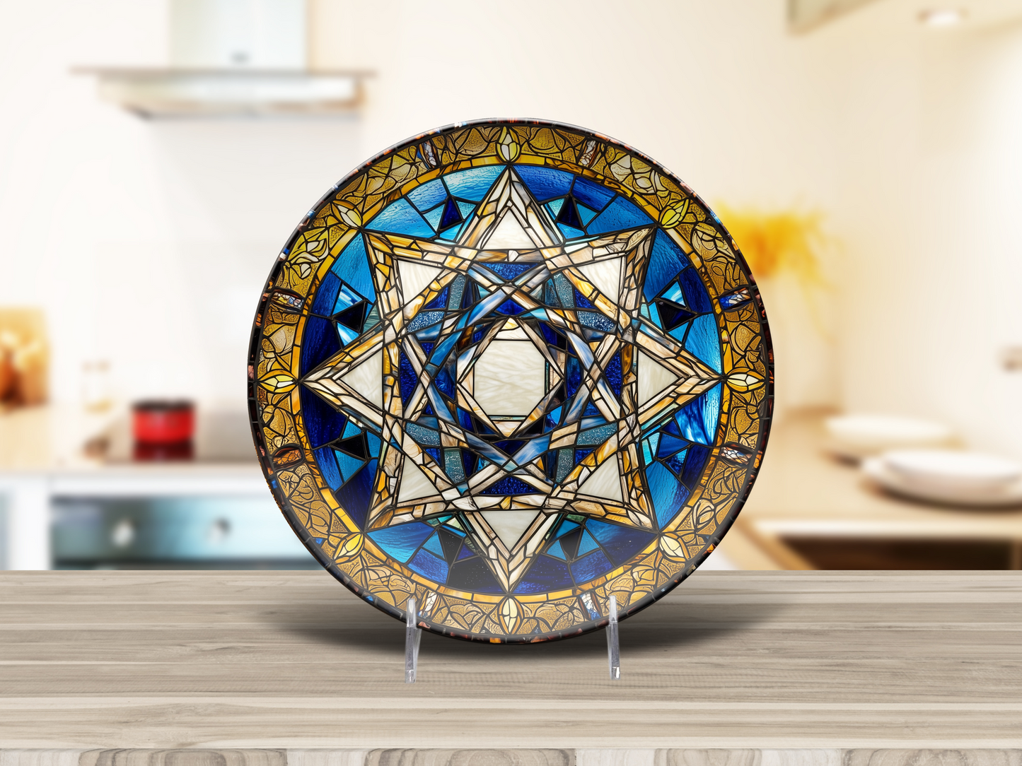 Star of David Plate – Unbreakable Judaica Dish, Stained Glass Design, 10" Jewish Holiday Plate, Microwave & Dishwasher Safe, Hanukkah Gift