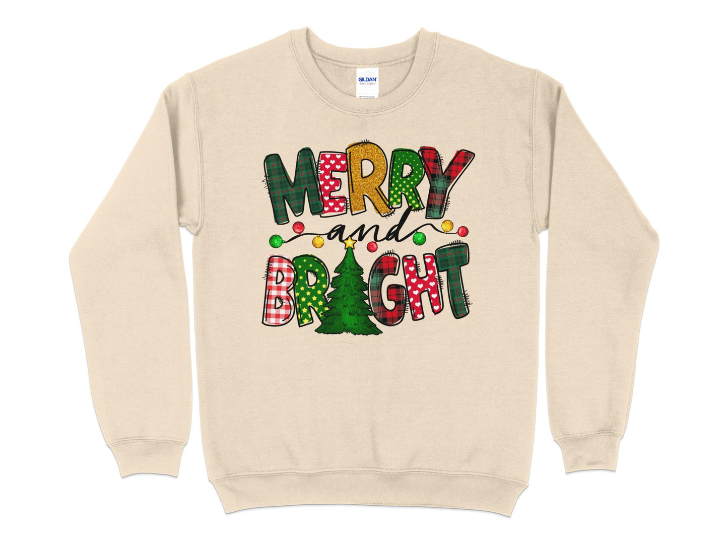 Merry and Bright Sweatshirt, Merry Christmas Shirt for Women, Christmas Crewneck - Mardonyx Sweatshirt Sand / S