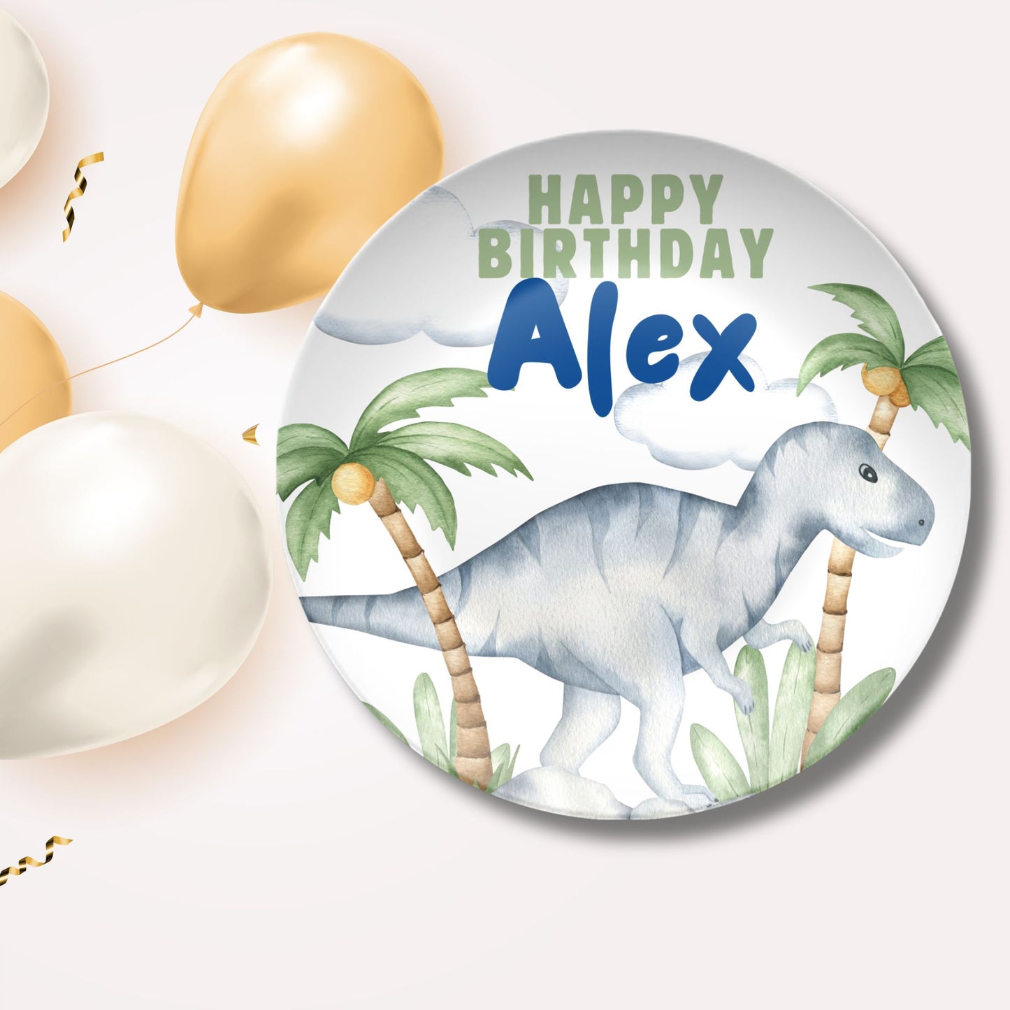 Personalized Watercolor Dinosaur Birthday Plate – Custom Name Keepsake for Kids