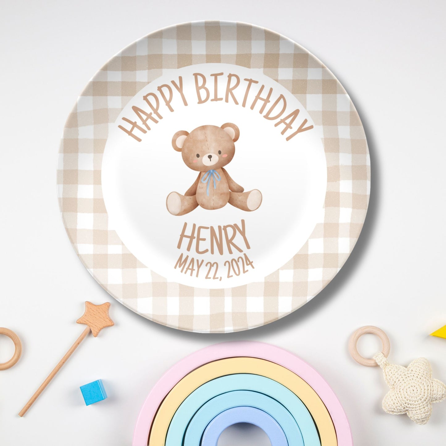 Coquette Style Brown Gingham Personalized Smash Cake Plate – A Sweet Keepsake for Baby’s 1st Birthday. Teddy First Birthday Plate
