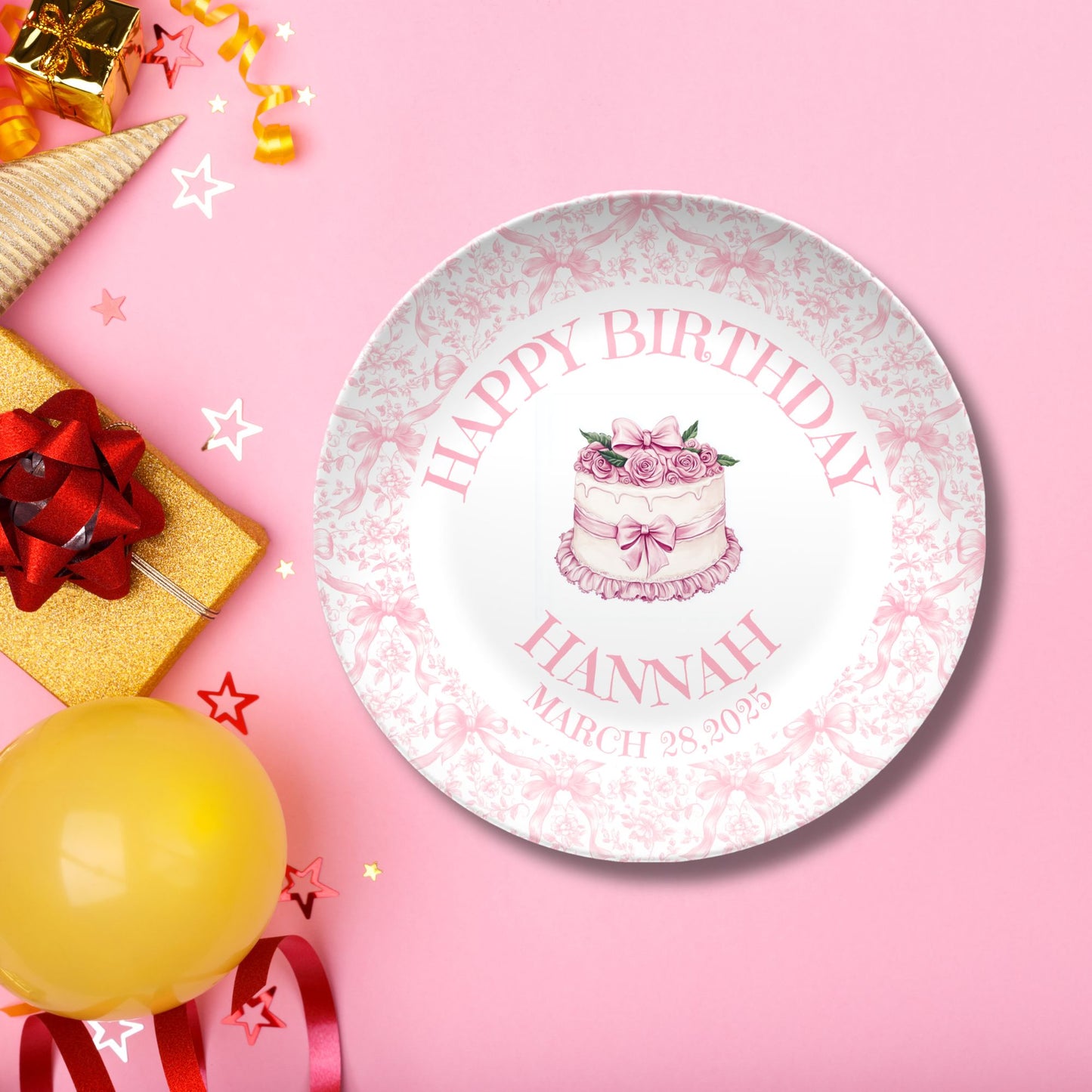 Preppy Girls Birthday Plate - Pink Coquette Bow Ribbon First Birthday - Pink & White Smash Cake 1st Birthday - Coquette Style