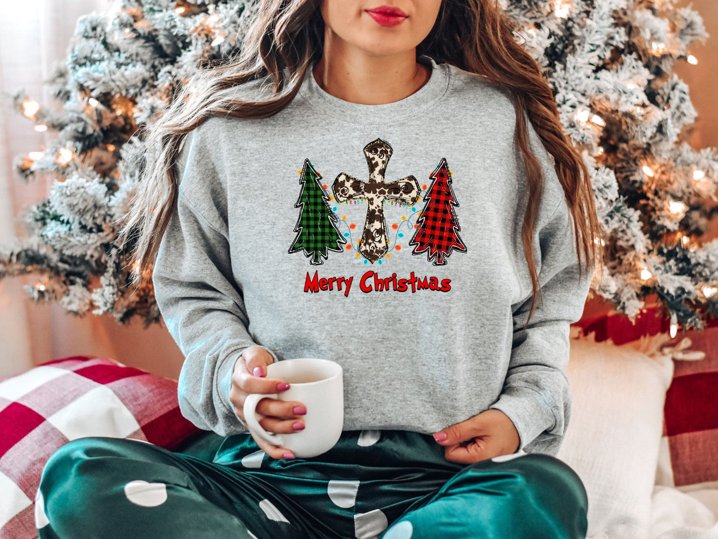 Merry Christmas Cow Print Cross Buffalo Plaid Tree Sweatshirt, Christmas Sweater, Cute Christmas Shirt, Holiday Shirt, Xmas Gifts - Mardonyx Sweatshirt