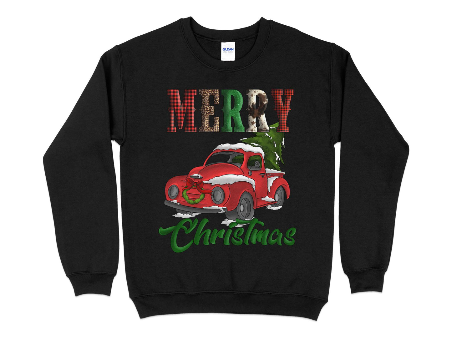 Merry Christmas Red Truck Cow Leopard Buffalo Print Sweatshirt, Christmas Sweater - Mardonyx Sweatshirt S / Black