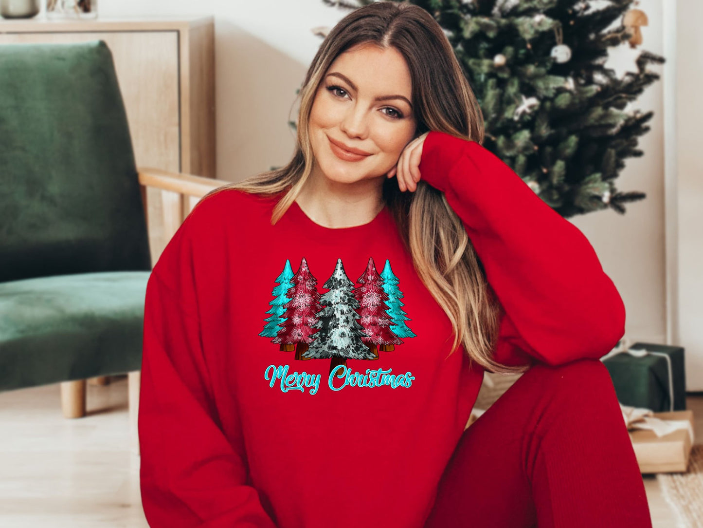 Merry Christmas Pink Blue Tree Shirt, Christmas Sweatshirt, Merry Christmas Shirt, Cute Christmas Tees for Women, Holiday Shirt - Mardonyx Sweatshirt