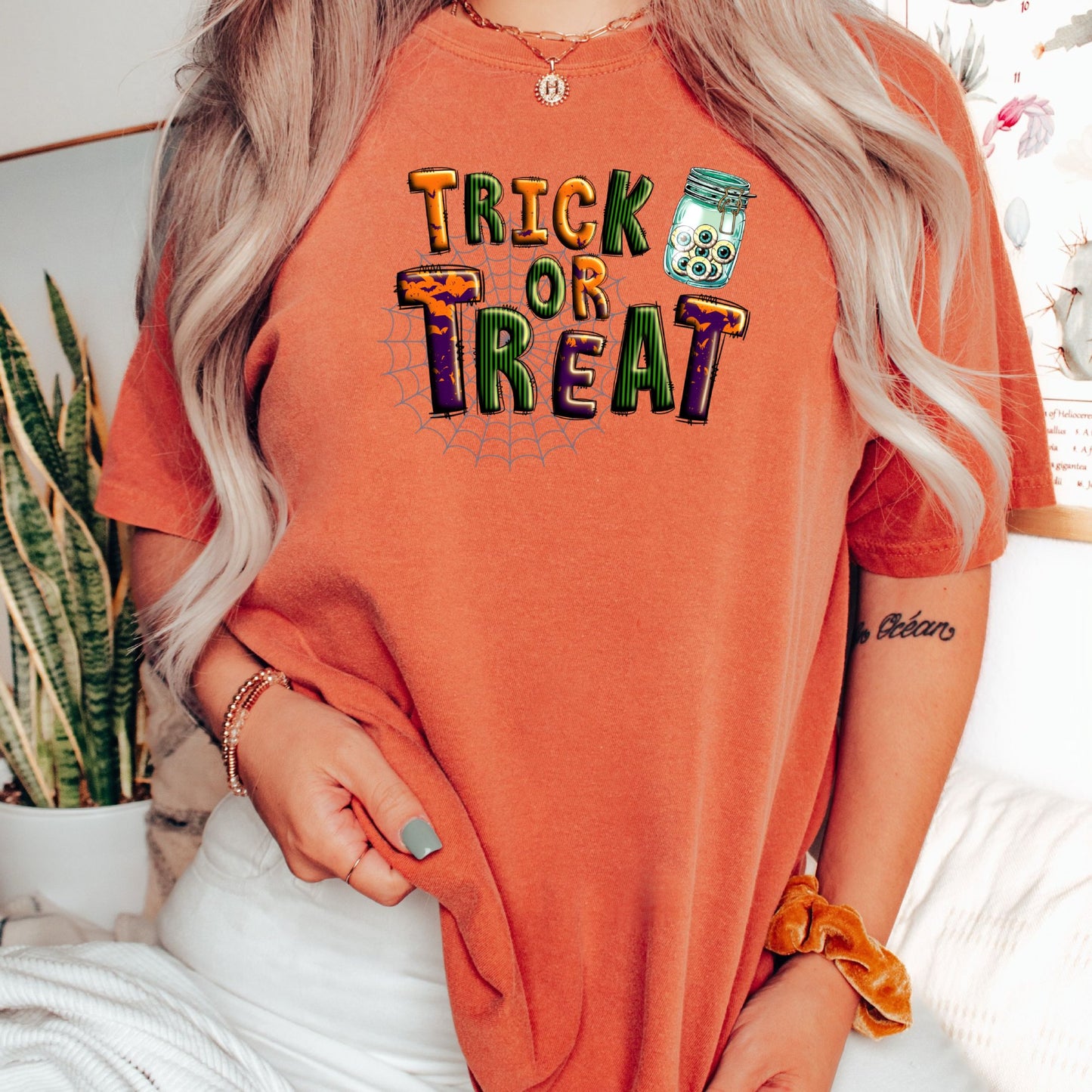 Women's Trick or Treat Eyeballs Spiderweb Halloween T-Shirt