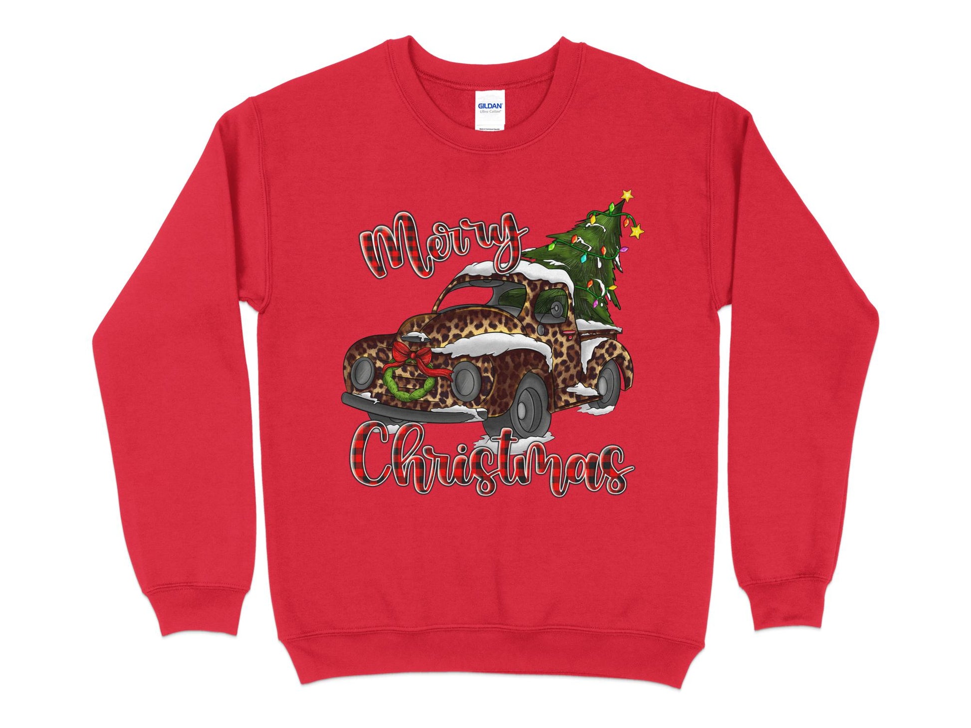 Merry Christmas Leopard Print Truck Sweatshirt, Christmas Sweater for Women, Christmas Gift for Women, Holiday Sweater, Xmas Shirt - Mardonyx Sweatshirt S / Red