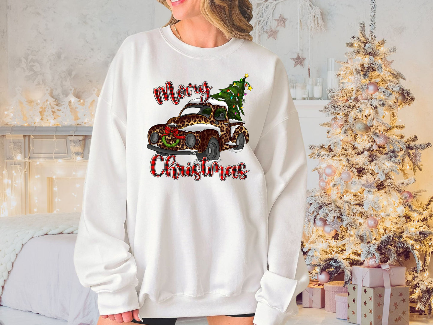 Merry Christmas Leopard Print Truck Sweatshirt, Christmas Sweater for Women, Christmas Gift for Women, Holiday Sweater, Xmas Shirt - Mardonyx Sweatshirt