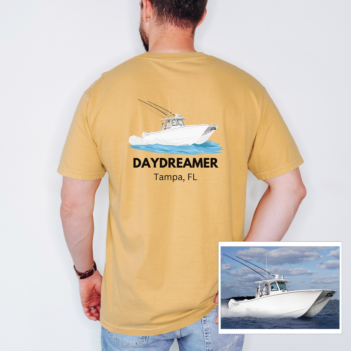 Custom Boat Artist Drawn T-Shirt - Mardonyx T-Shirt S / Mustard