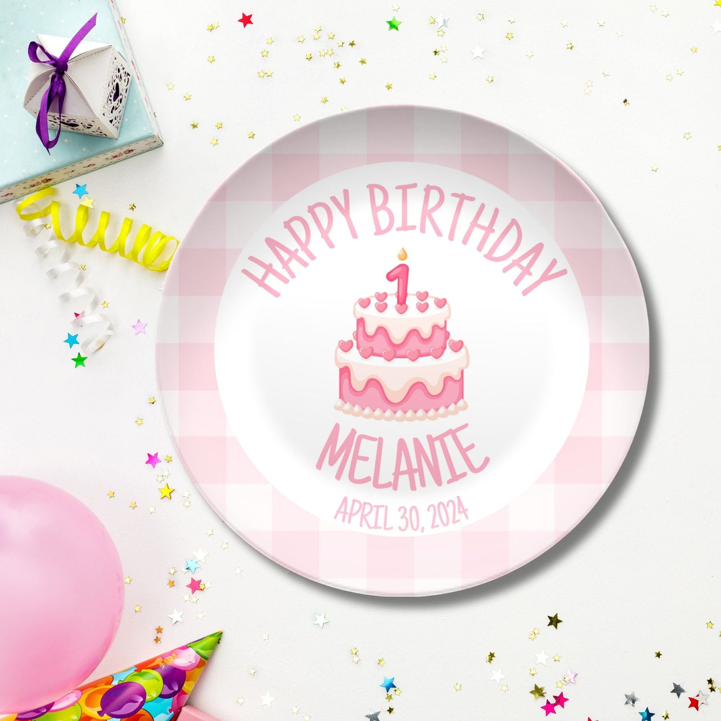 Preppy Girls Birthday Plate - Pink Gingham Bow Ribbon First Birthday - Pink & White Smash Cake 1st Birthday - Coquette Style
