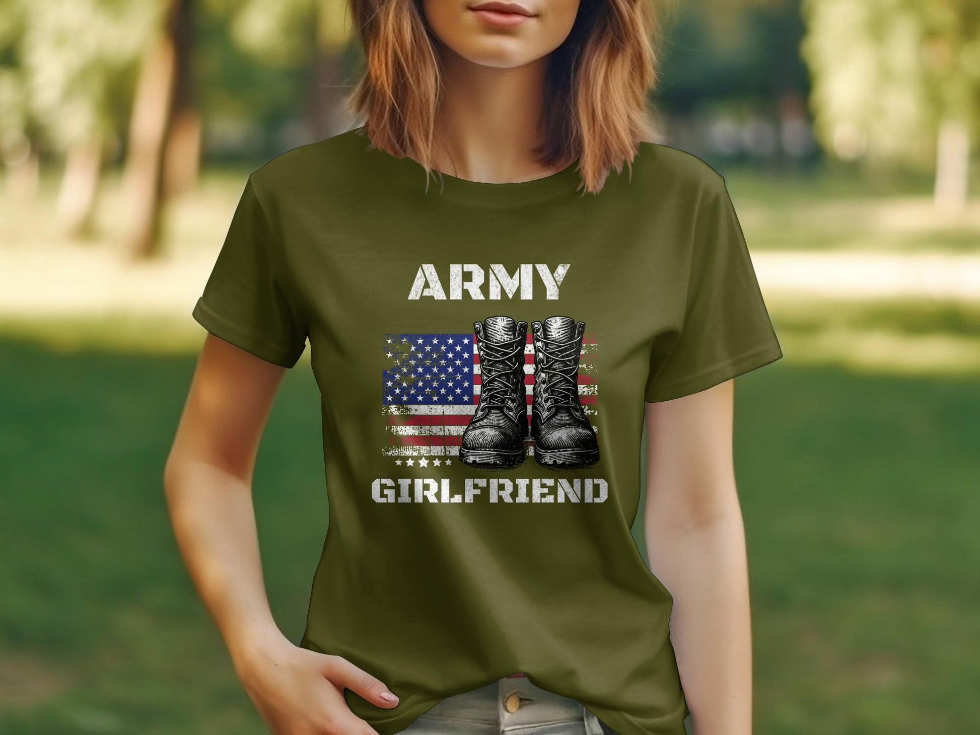 Army Girlfriend Vintage American Flag and Boots T-Shirt, Patriotic Military Shirt - Mardonyx T-Shirt XS / Olive