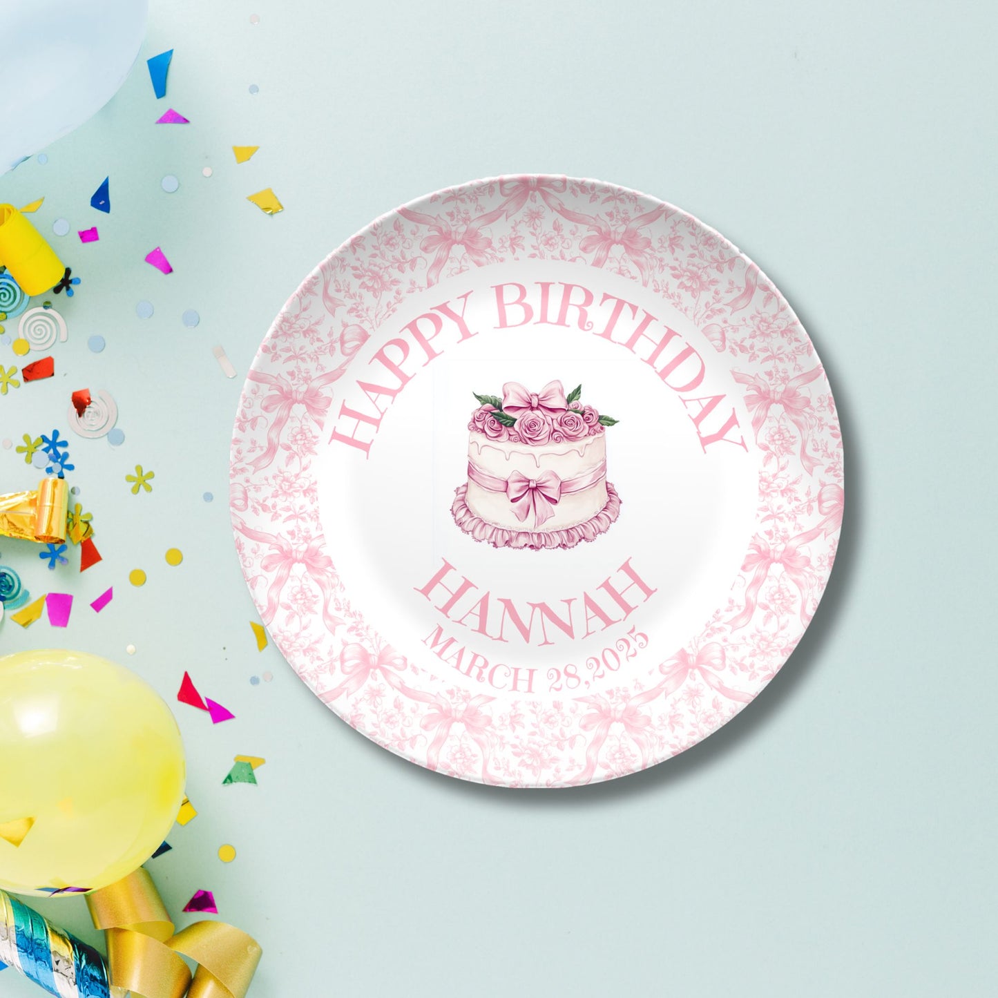 Preppy Girls Birthday Plate - Pink Coquette Bow Ribbon First Birthday - Pink & White Smash Cake 1st Birthday - Coquette Style