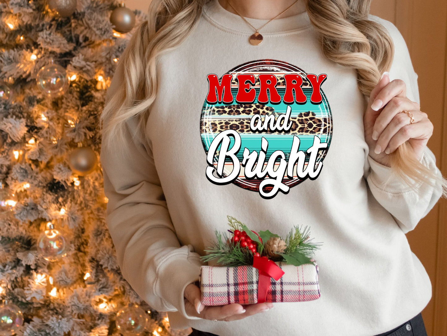 Merry and Bright Leopard Print Shirt, Merry and Bright Leopard Print Sweatshirts, Merry and Bright Leopard Shirt, Matching Family Christmas - Mardonyx Sweatshirt