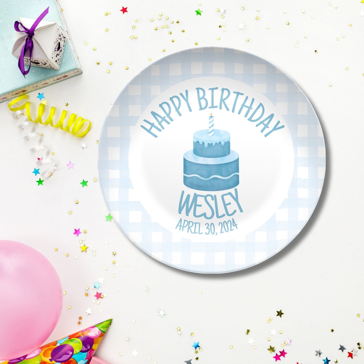Boys Birthday Plate - Blue Gingham First Birthday - Blue & White Smash Cake 1st Birthday - Coquette Style