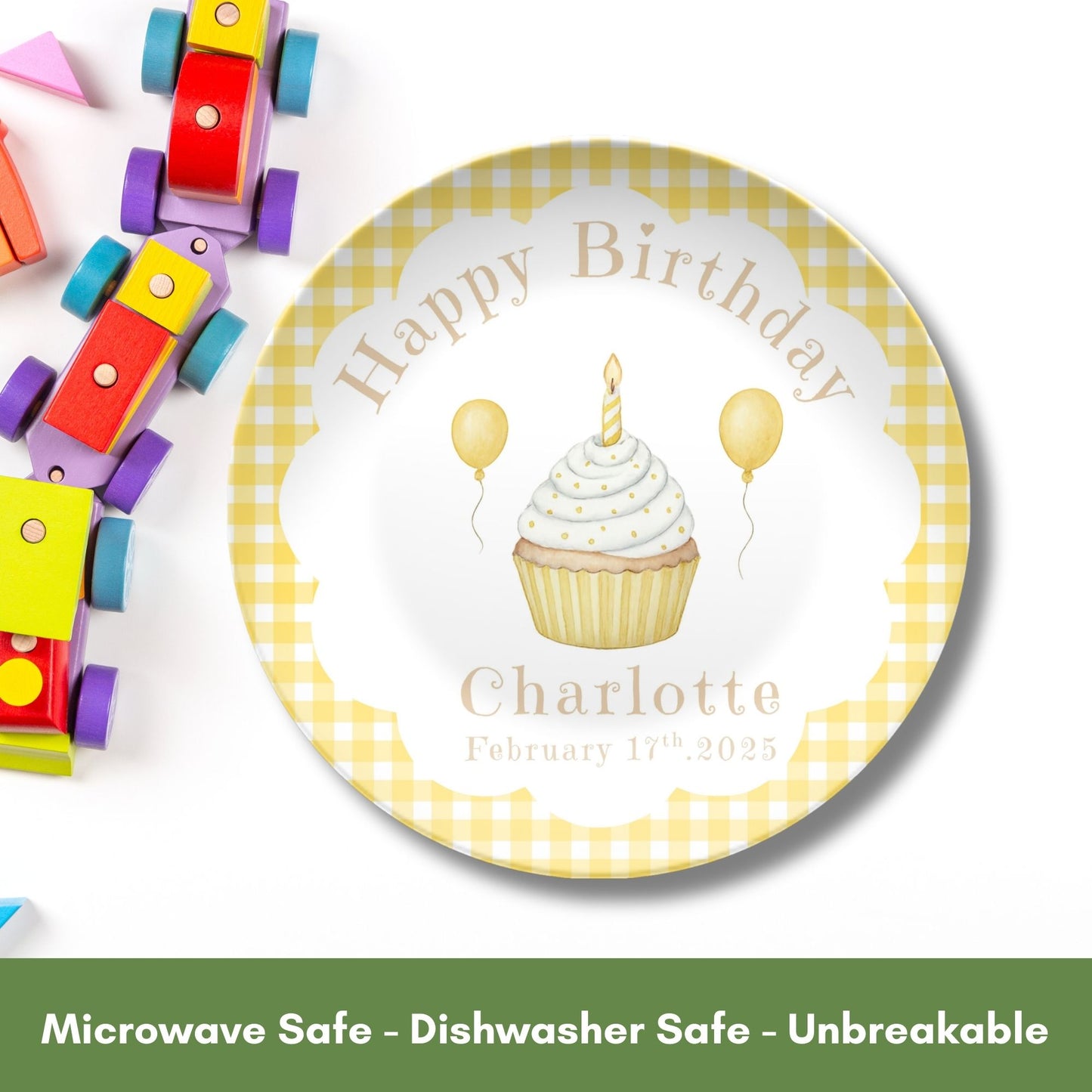Personalized Baby First Birthday Plate - Yellow Gingham Birthday Party Decoration