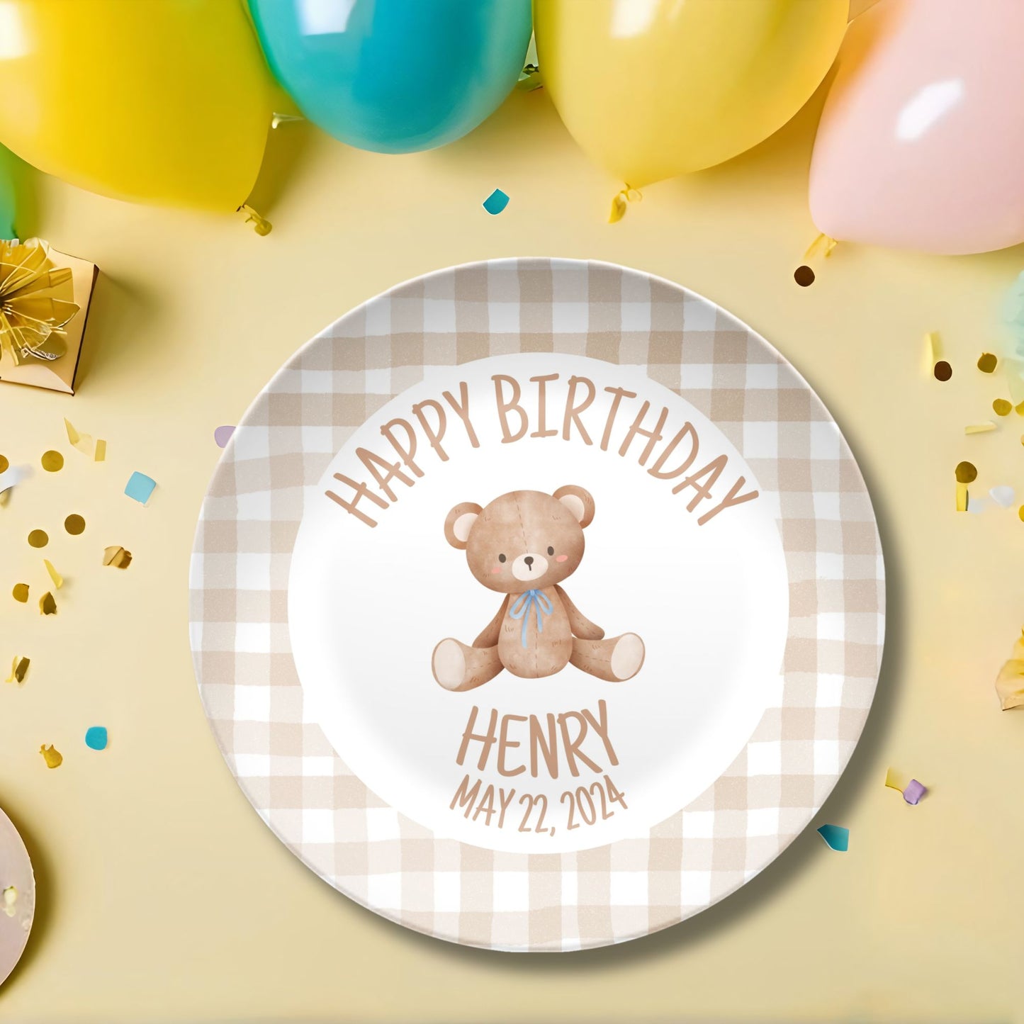 Coquette Style Brown Gingham Personalized Smash Cake Plate – A Sweet Keepsake for Baby’s 1st Birthday. Teddy First Birthday Plate