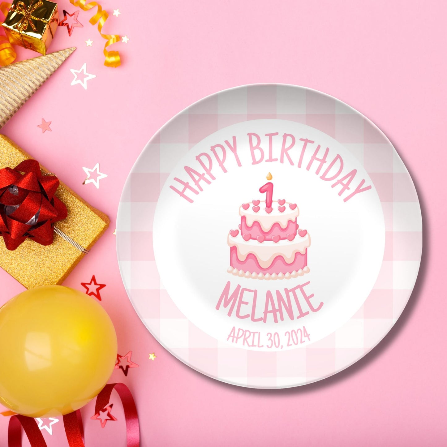 Preppy Girls Birthday Plate - Pink Gingham Bow Ribbon First Birthday - Pink & White Smash Cake 1st Birthday - Coquette Style