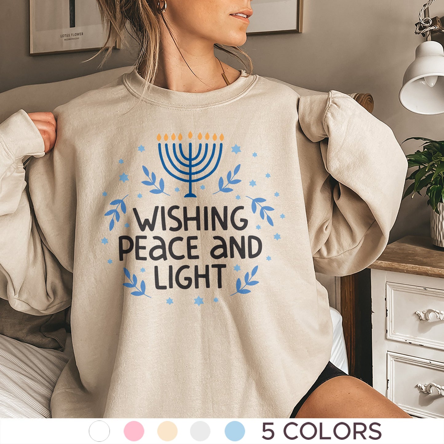 Hanukkah Sweatshirt, Wishing Peace and Light - Mardonyx Sweatshirt S / Sand