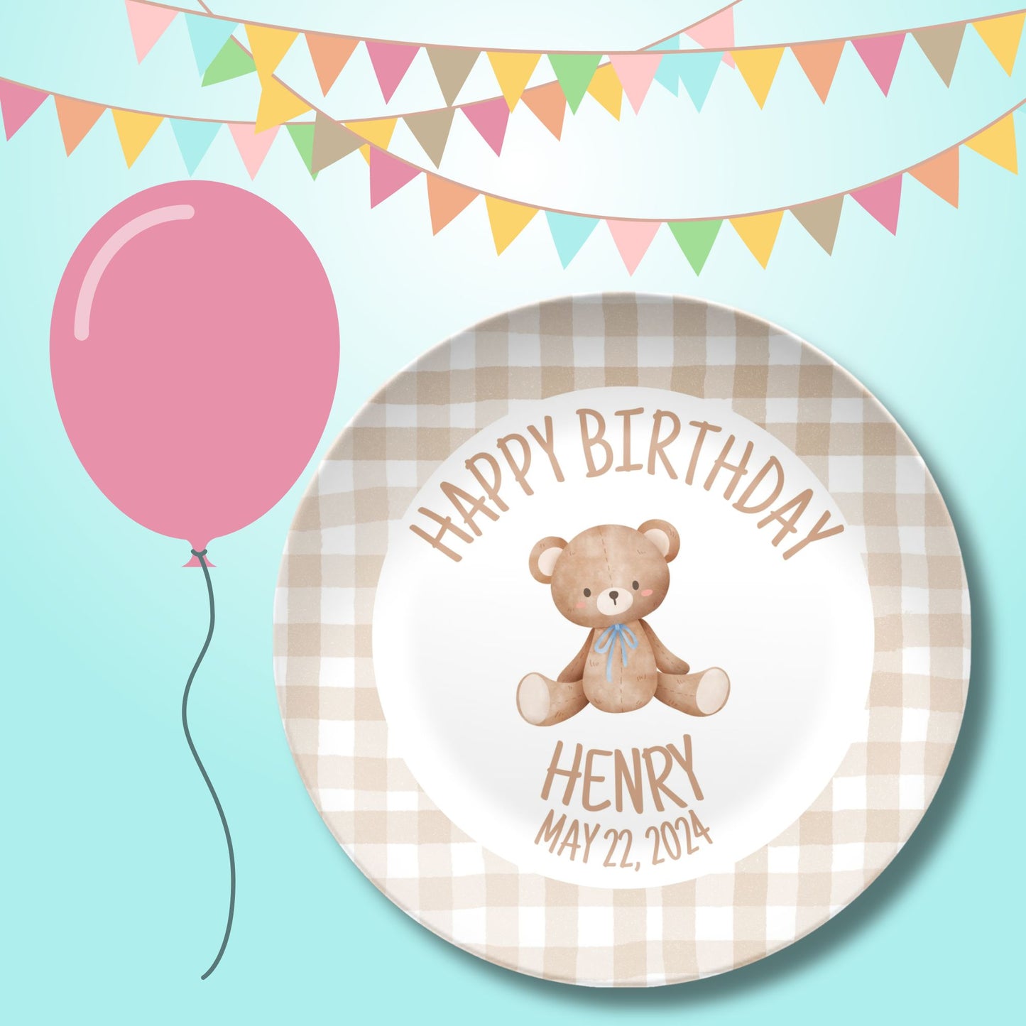 Coquette Style Brown Gingham Personalized Smash Cake Plate – A Sweet Keepsake for Baby’s 1st Birthday. Teddy First Birthday Plate