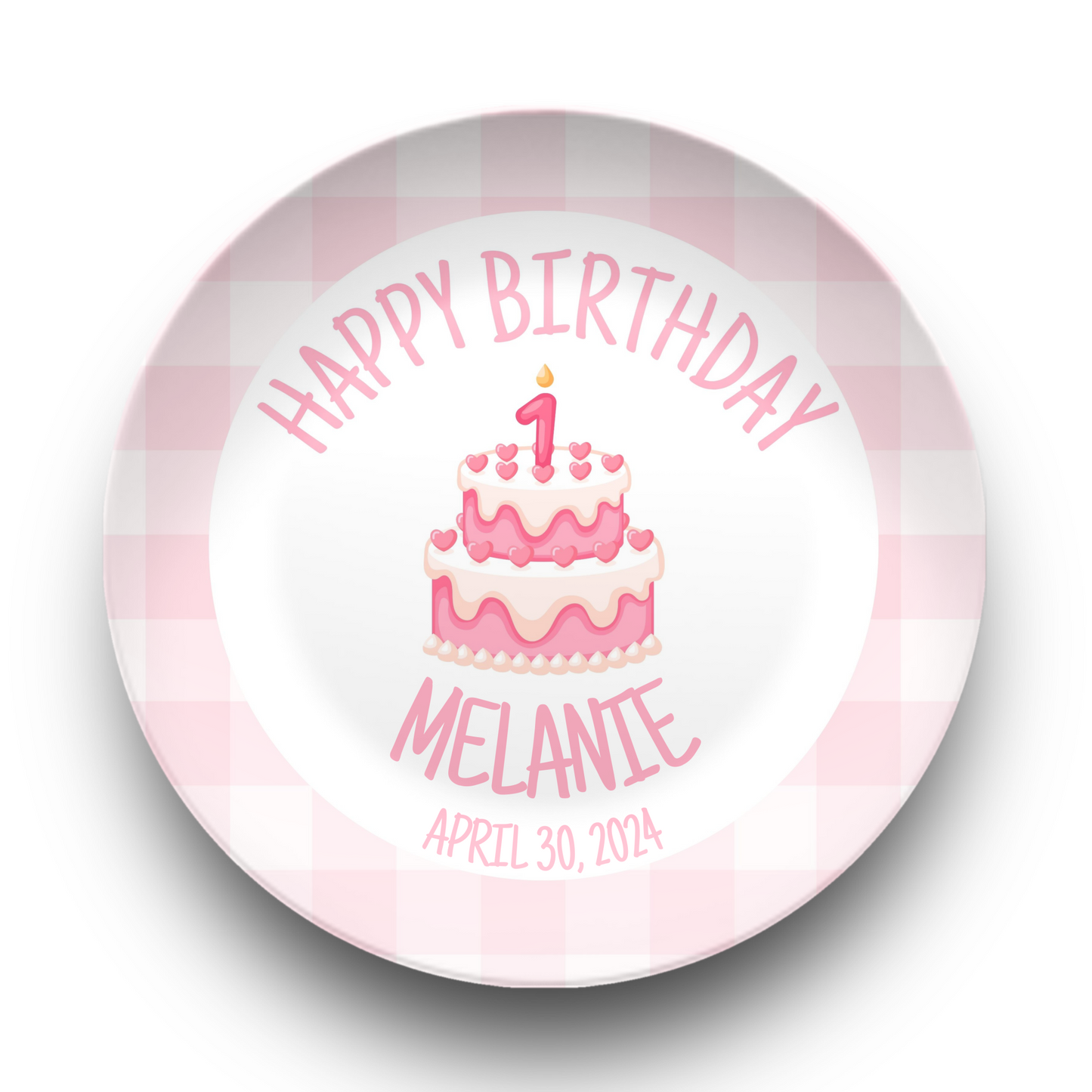 Preppy Girls Birthday Plate - Pink Gingham Bow Ribbon First Birthday - Pink & White Smash Cake 1st Birthday - Coquette Style