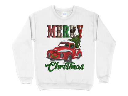 Merry Christmas Red Truck Cow Leopard Buffalo Print Sweatshirt, Christmas Sweater - Mardonyx Sweatshirt S / White
