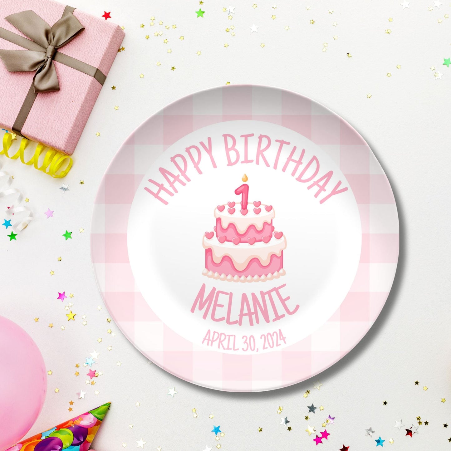 Preppy Girls Birthday Plate - Pink Gingham Bow Ribbon First Birthday - Pink & White Smash Cake 1st Birthday - Coquette Style