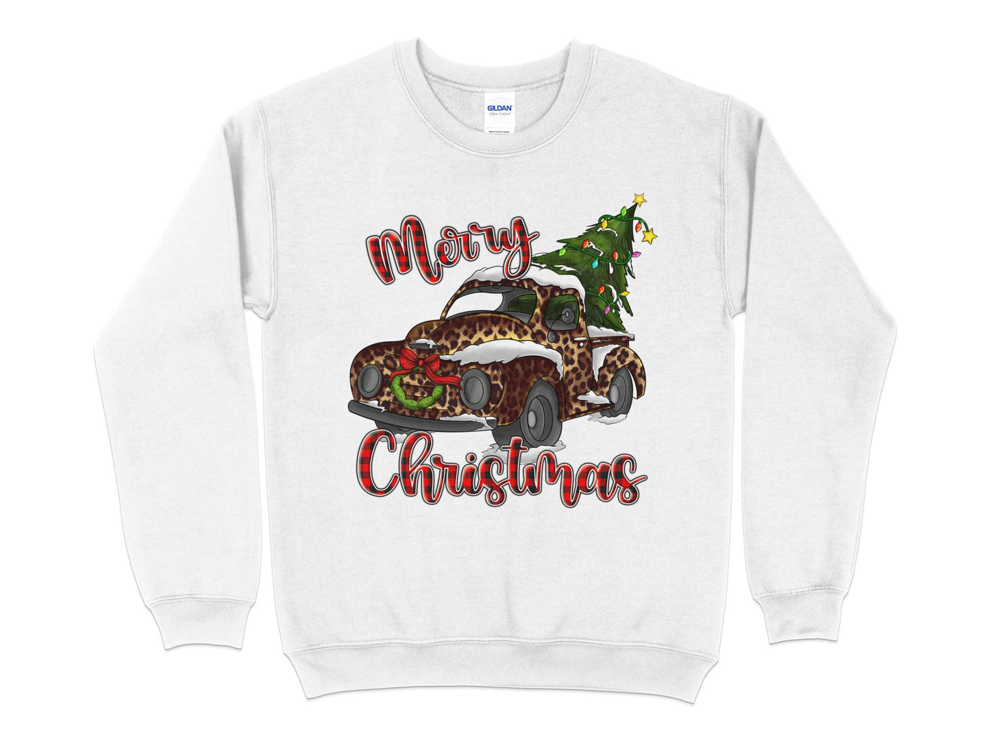 Merry Christmas Leopard Print Truck Sweatshirt, Christmas Sweater for Women, Christmas Gift for Women, Holiday Sweater, Xmas Shirt - Mardonyx Sweatshirt S / White