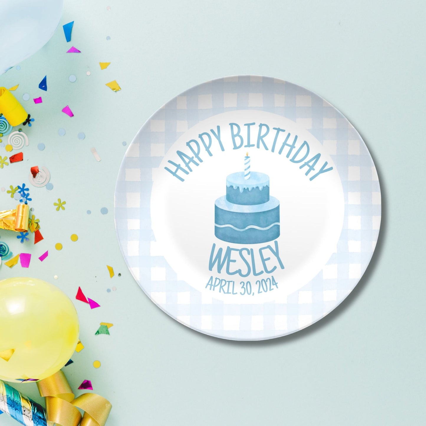 Boys Birthday Plate - Blue Gingham First Birthday - Blue & White Smash Cake 1st Birthday - Coquette Style