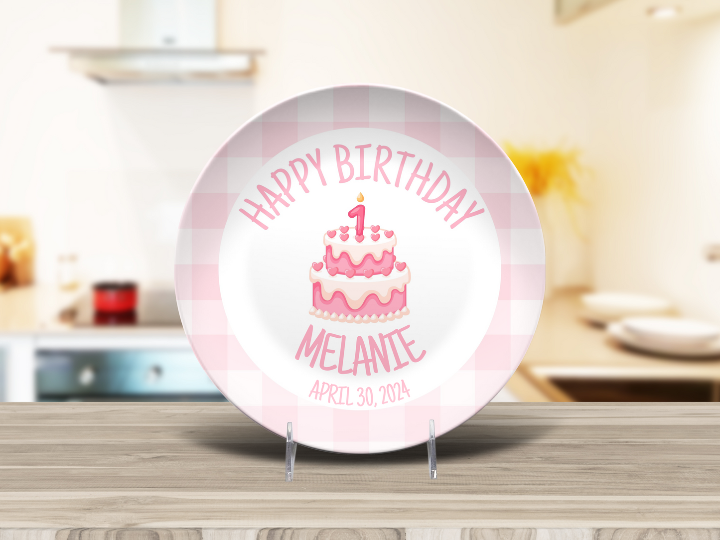 Preppy Girls Birthday Plate - Pink Gingham Bow Ribbon First Birthday - Pink & White Smash Cake 1st Birthday - Coquette Style