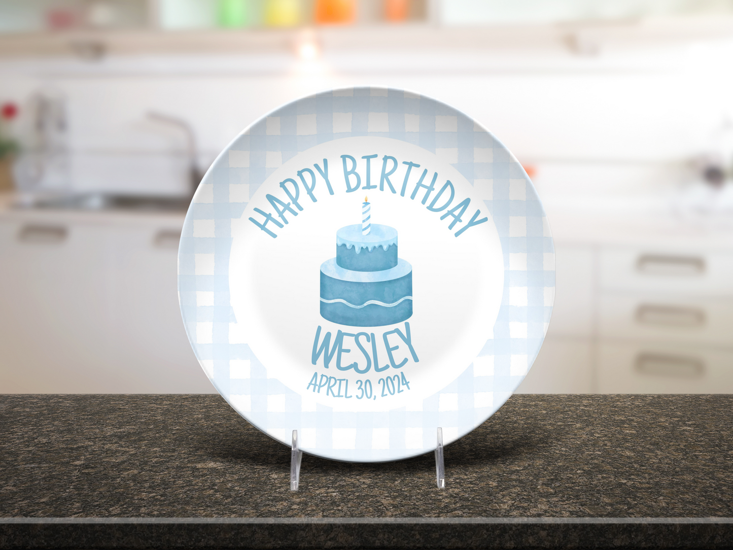Boys Birthday Plate - Blue Gingham First Birthday - Blue & White Smash Cake 1st Birthday - Coquette Style