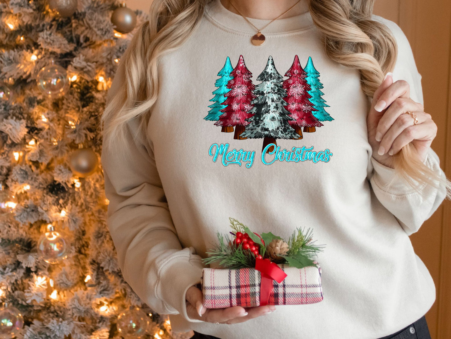 Merry Christmas Pink Blue Tree Shirt, Christmas Sweatshirt, Merry Christmas Shirt, Cute Christmas Tees for Women, Holiday Shirt - Mardonyx Sweatshirt