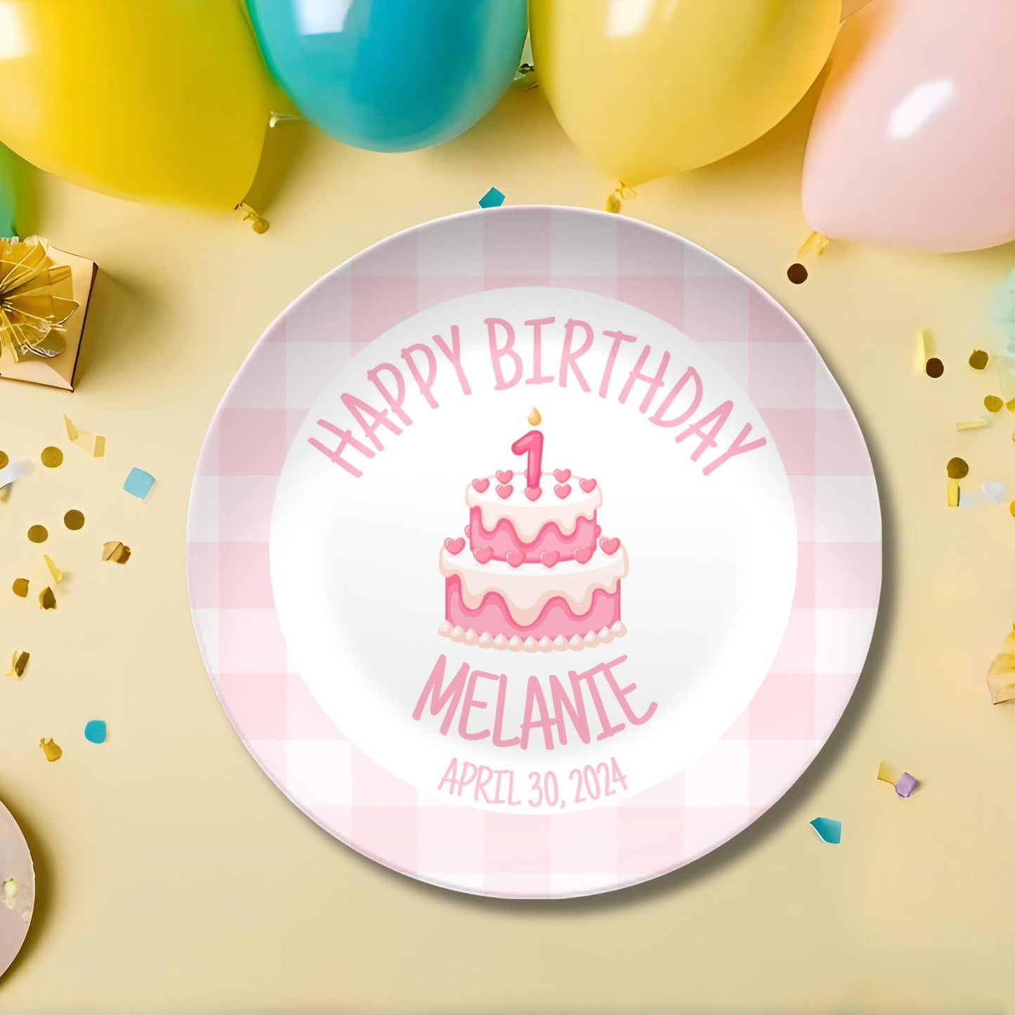 Preppy Girls Birthday Plate - Pink Gingham Bow Ribbon First Birthday - Pink & White Smash Cake 1st Birthday - Coquette Style