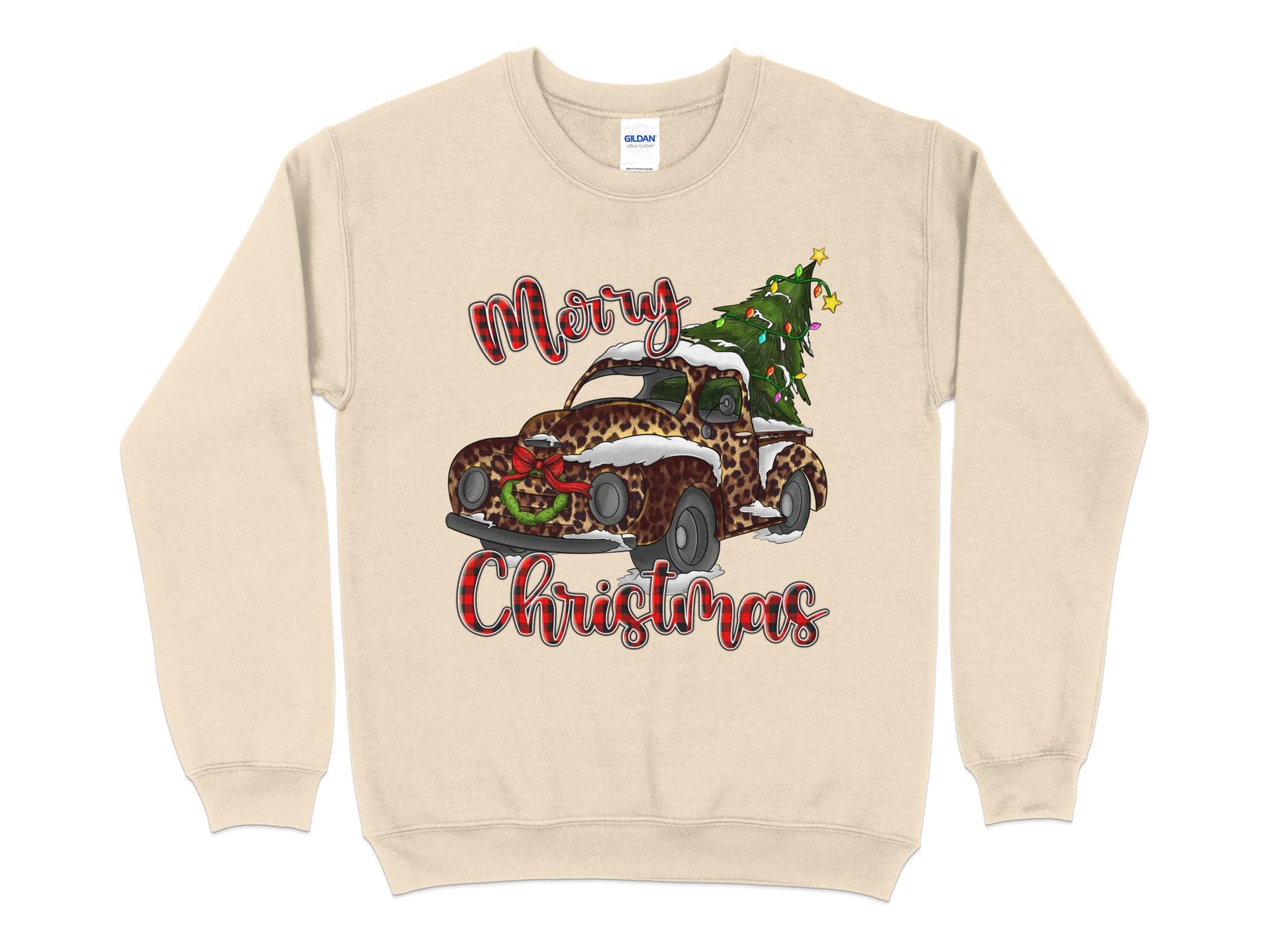 Merry Christmas Leopard Print Truck Sweatshirt, Christmas Sweater for Women, Christmas Gift for Women, Holiday Sweater, Xmas Shirt - Mardonyx Sweatshirt S / Sand