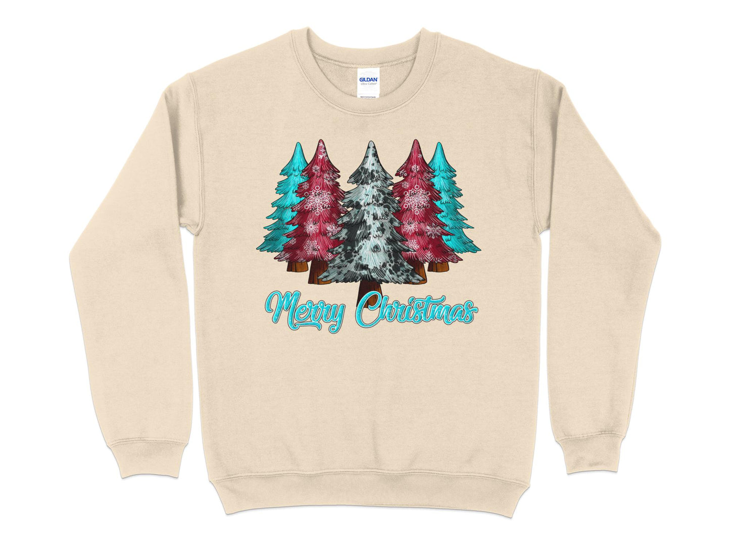 Merry Christmas Pink Blue Tree Shirt, Christmas Sweatshirt, Merry Christmas Shirt, Cute Christmas Tees for Women, Holiday Shirt - Mardonyx Sweatshirt S / Sand