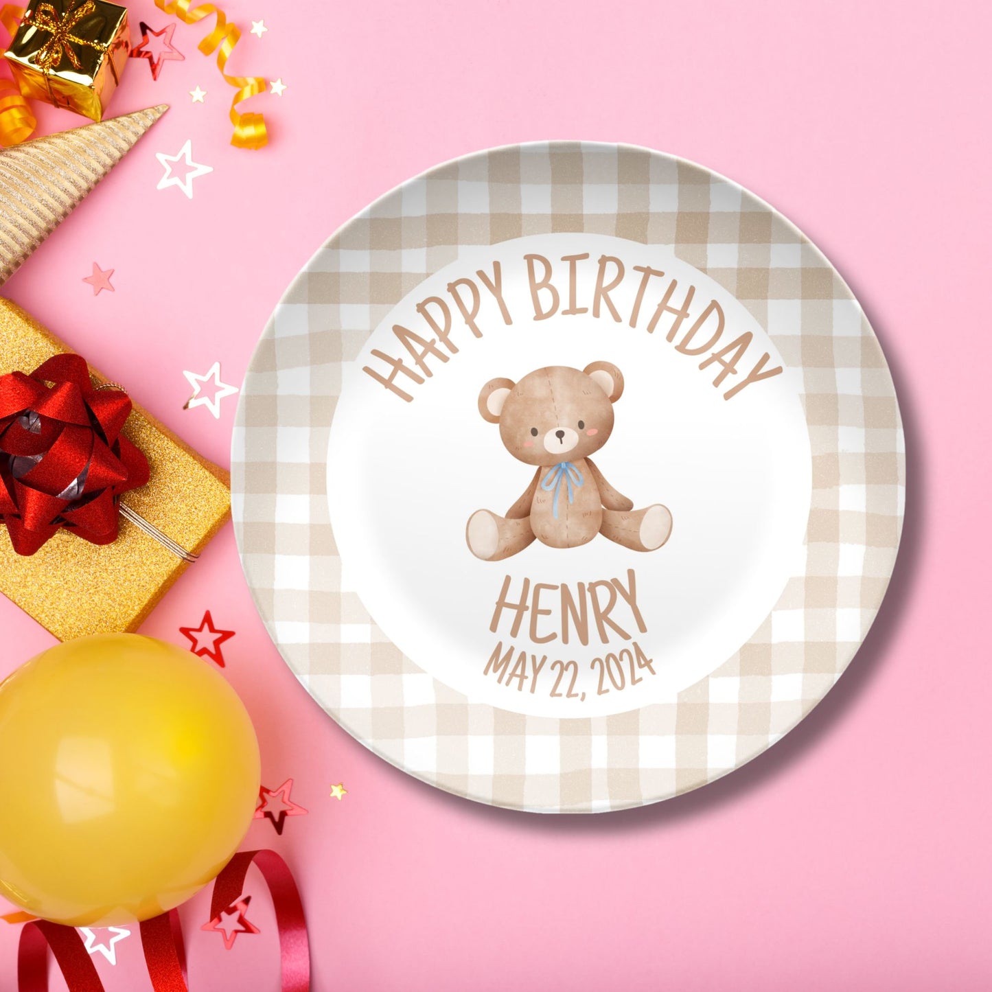 Coquette Style Brown Gingham Personalized Smash Cake Plate – A Sweet Keepsake for Baby’s 1st Birthday. Teddy First Birthday Plate