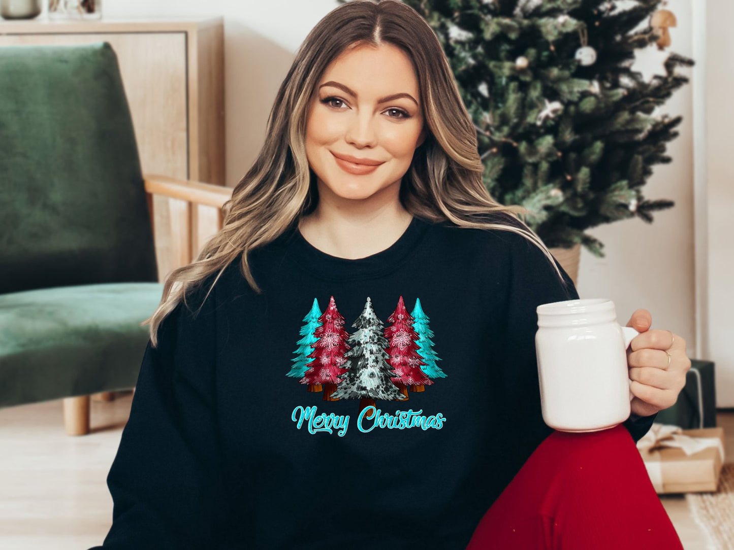 Merry Christmas Pink Blue Tree Shirt, Christmas Sweatshirt, Merry Christmas Shirt, Cute Christmas Tees for Women, Holiday Shirt - Mardonyx Sweatshirt