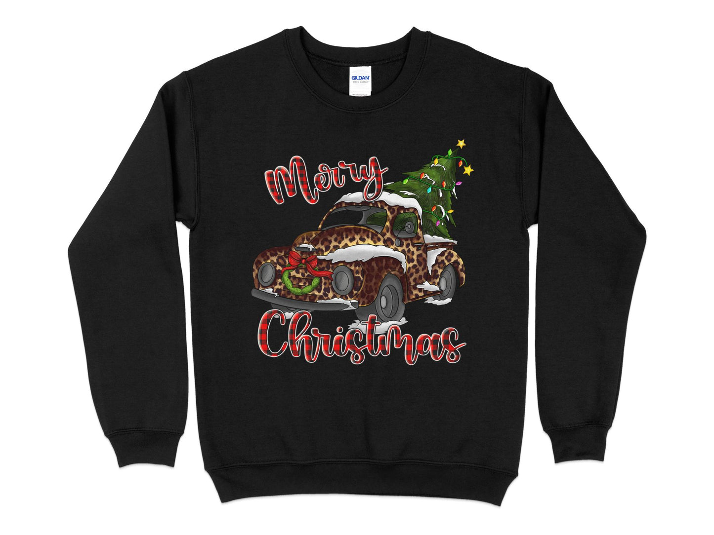 Merry Christmas Leopard Print Truck Sweatshirt, Christmas Sweater for Women, Christmas Gift for Women, Holiday Sweater, Xmas Shirt - Mardonyx Sweatshirt S / Black
