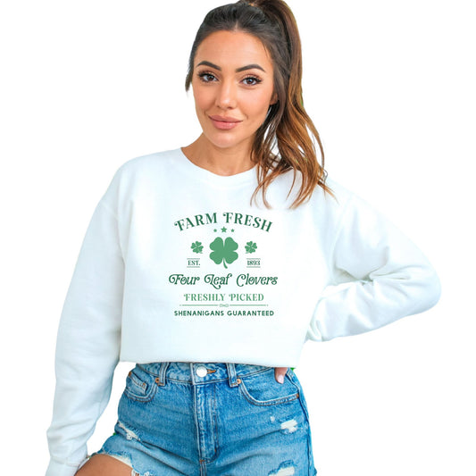 Farm Fresh Four Leaf Clovers Sweatshirt, Vintage Style St. Patrick's Day Apparel, Unisex Green Pullover, Irish Heritage Clothing - Mardonyx Sweatshirt S / White