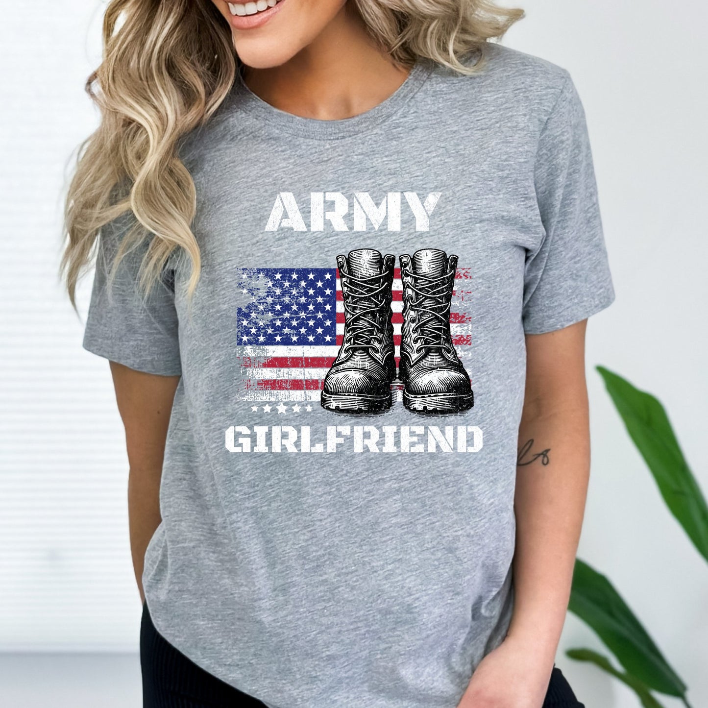 Army Girlfriend Vintage American Flag and Boots T-Shirt, Patriotic Military Shirt - Mardonyx T-Shirt XS / Athletic Heather