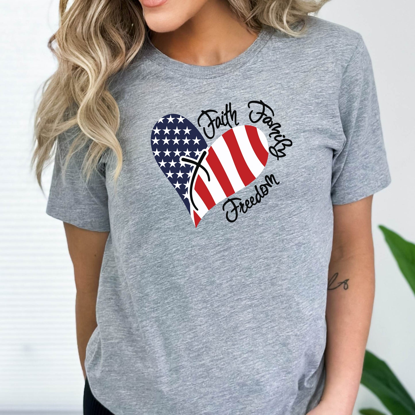 Women's Patriotic American Flag Faith Family Freedom T-Shirt