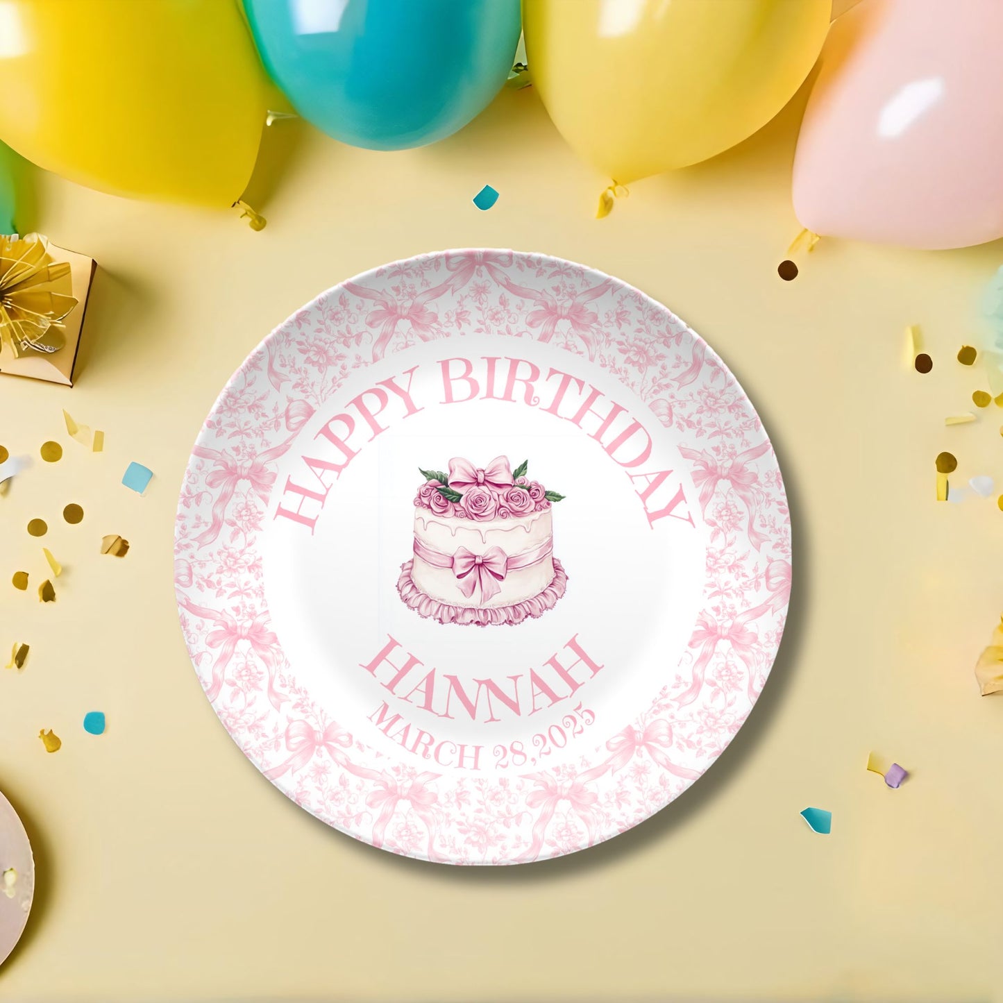 Preppy Girls Birthday Plate - Pink Coquette Bow Ribbon First Birthday - Pink & White Smash Cake 1st Birthday - Coquette Style