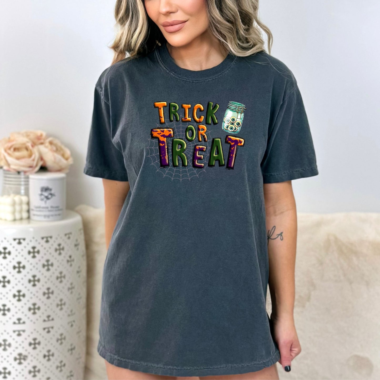 Women's Trick or Treat Eyeballs Spiderweb Halloween T-Shirt