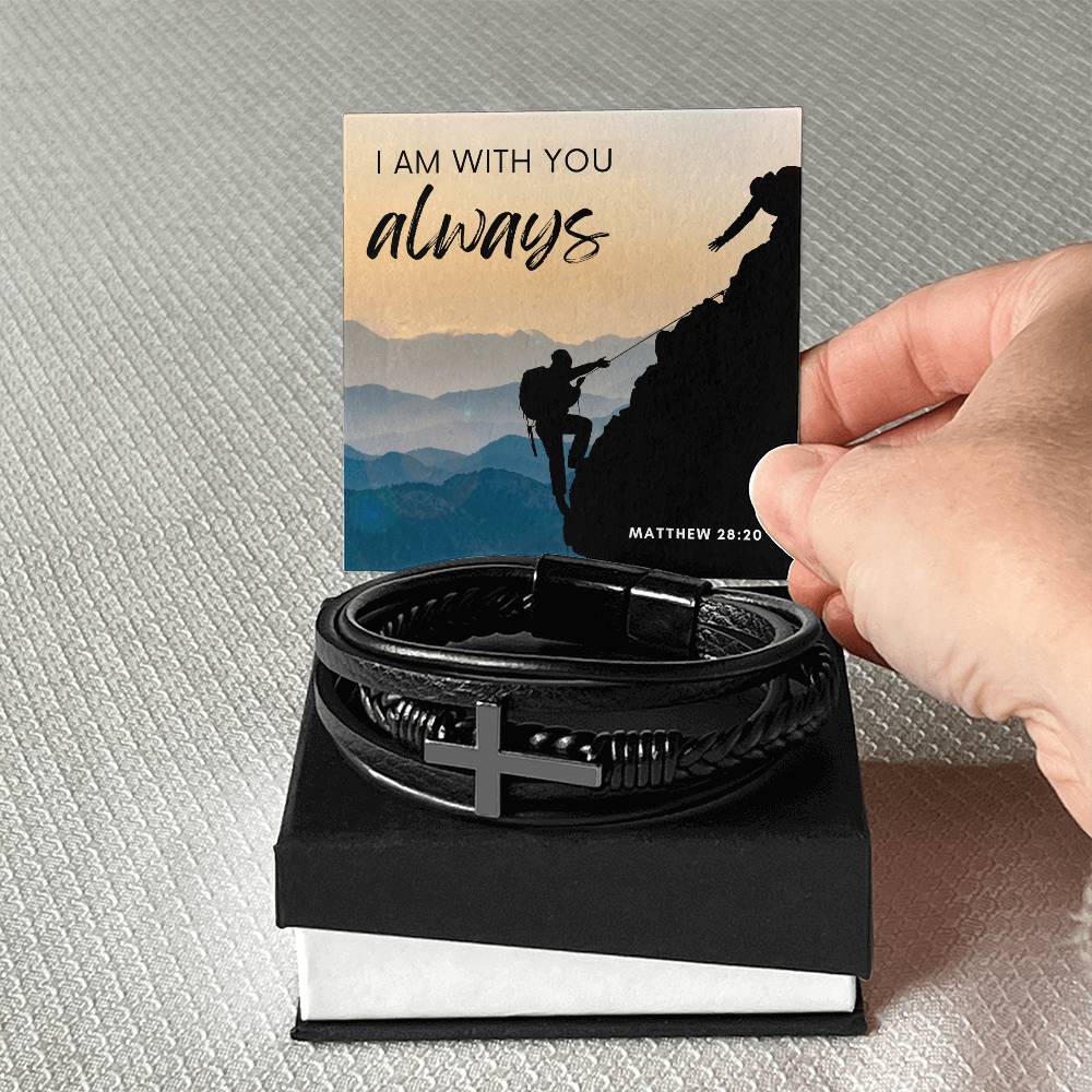 I am Always With You Matthew 28:20 Men's Cross Bracelet - Vegan Leather Stainless Steel