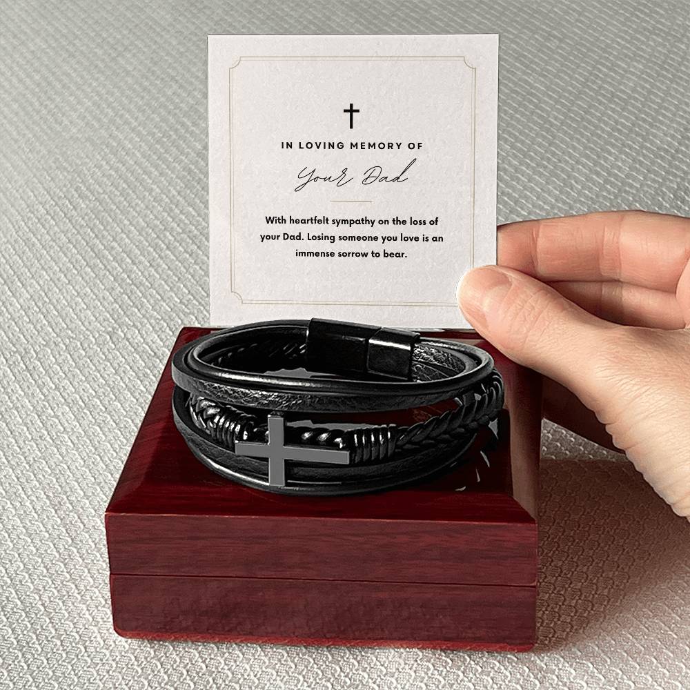 In Loving Memory of Your Dad Losing Someone You Love Men's Cross Bracelet- Vegan Leather with Stainless Steel