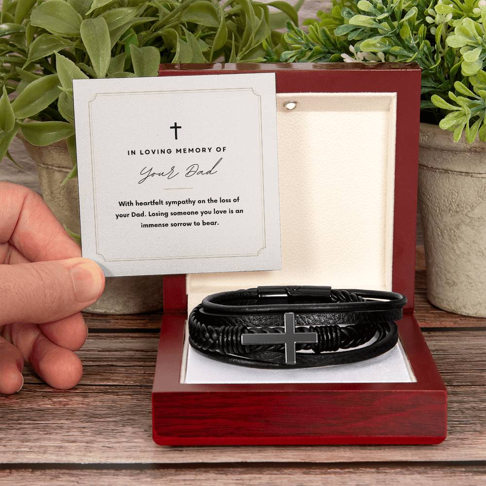 In Loving Memory of Your Dad Losing Someone You Love Men's Cross Bracelet- Vegan Leather with Stainless Steel