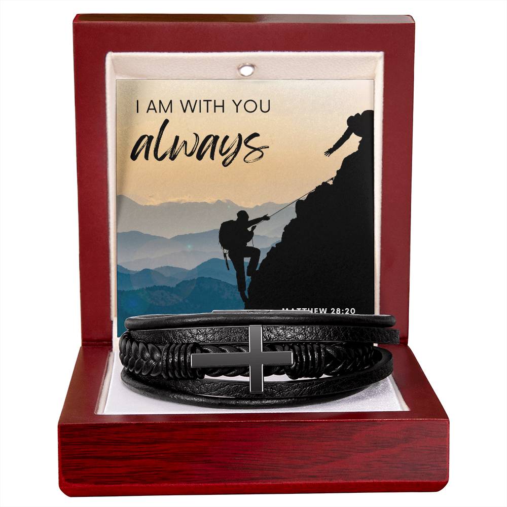 I am Always With You Matthew 28:20 Men's Cross Bracelet - Vegan Leather Stainless Steel
