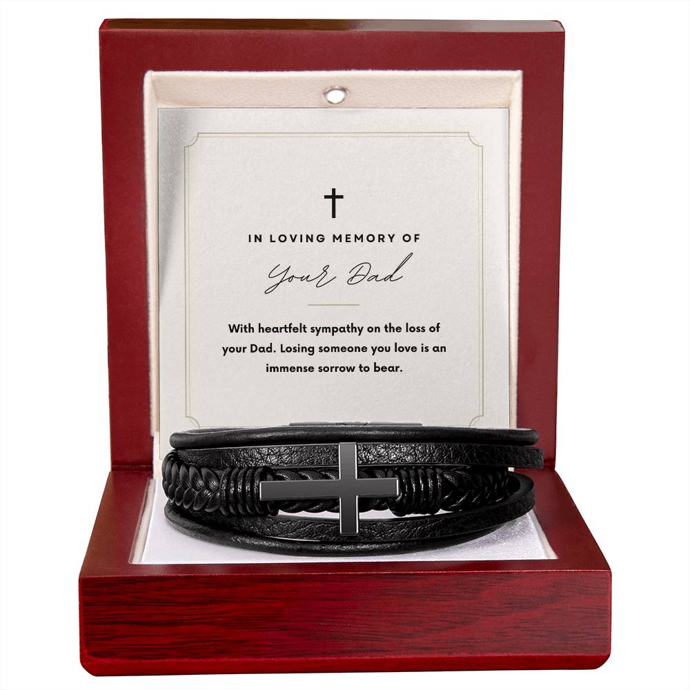 In Loving Memory of Your Dad Losing Someone You Love Men's Cross Bracelet- Vegan Leather with Stainless Steel