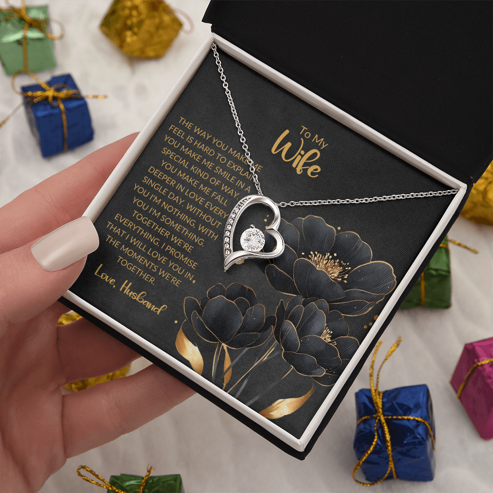 "To My Wife" Heart Pendant Necklace – Elegant Silver or Gold Tone with Cubic Zirconia and Sentimental Message Card