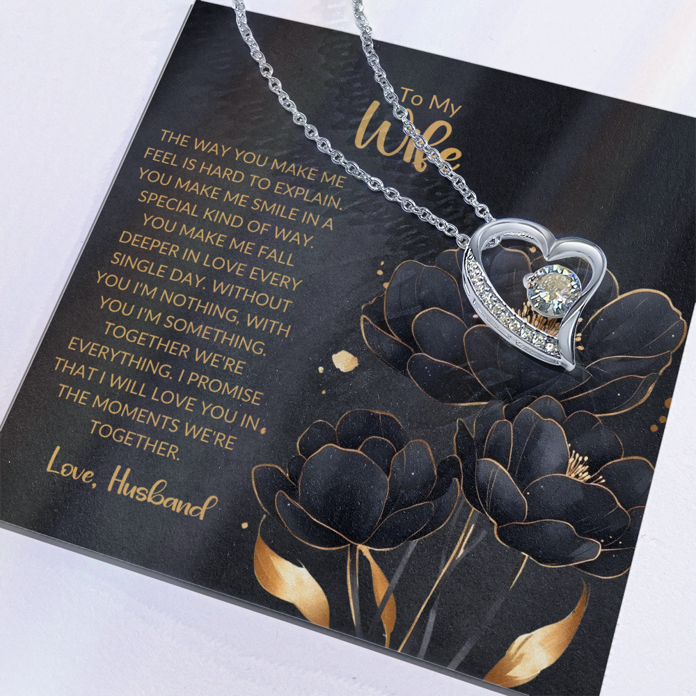 "To My Wife" Heart Pendant Necklace – Elegant Silver or Gold Tone with Cubic Zirconia and Sentimental Message Card